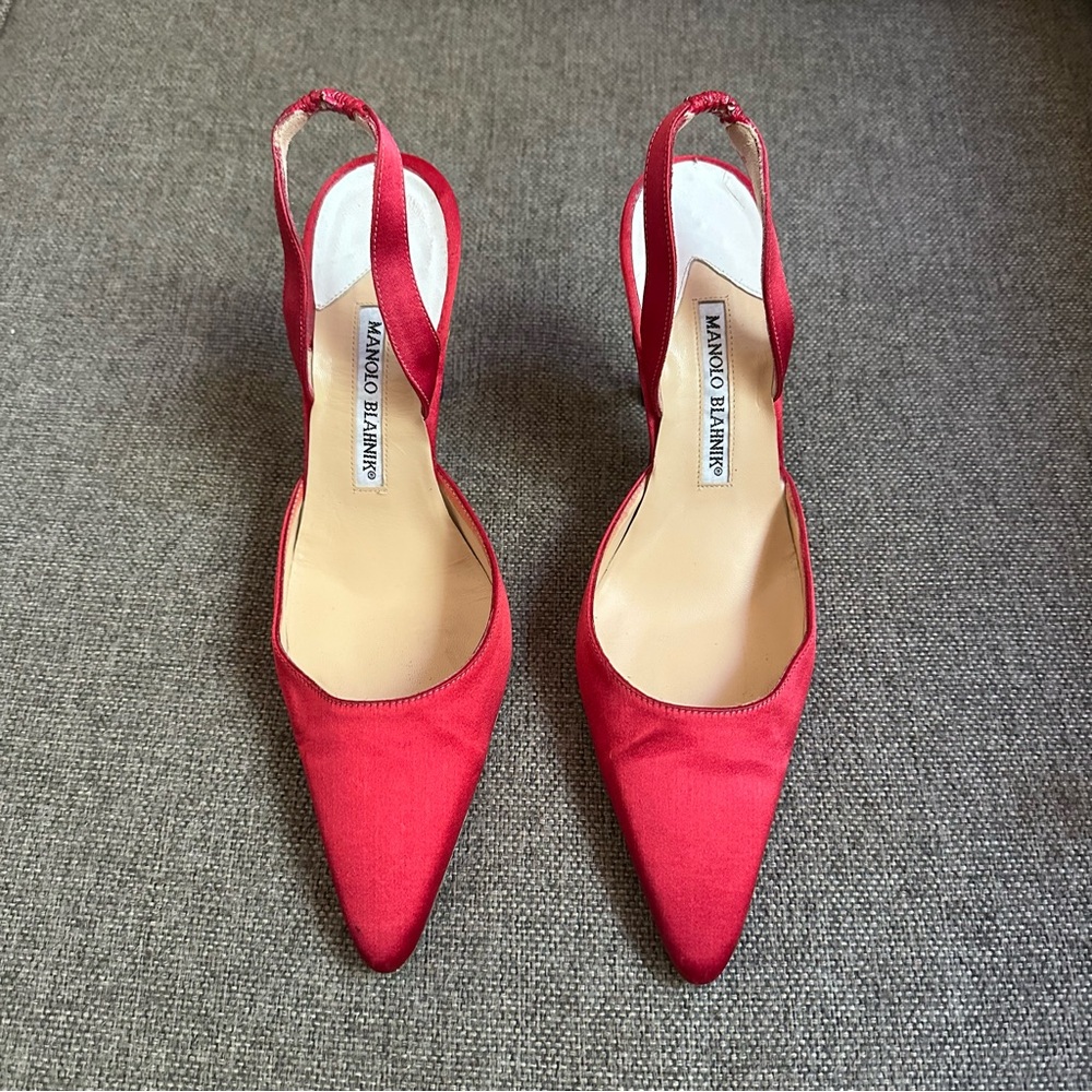 Manolo Blahnik Red Satin Slingback Pointed-Toe Heels